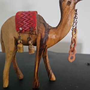 Handcrafted Wooden Camel Figurine with Red Accents Made In Bethlehem Olive WOOD
